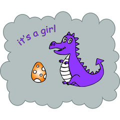 Vector illustration with lilac dinosaur and orange egg. Text is a girl