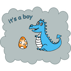 Blue dinosaur with an egg and the text this is a boy on  gray cloud. Vector illustration.
