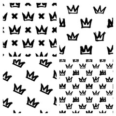 Set of 4 seamless patterns with ink painted crown doodles. Grunge graffiti street style vector wallpapers.	