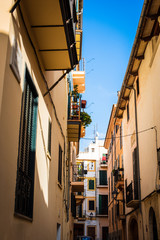 empty streets of Palma de Mallorca, with his old traditional and colorful  houses 