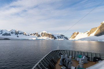 Ship's bow heading into the Errera Channel in Antarctica