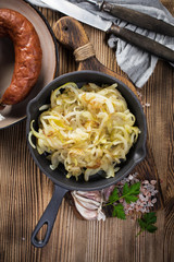 Fried onion in a cast iron skillet.