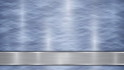Background consisting of a blue shiny metallic surface and one horizontal polished silver plate located below, with a metal texture, glares and burnished edges