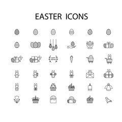 Easter icon set. Thin line drawing. Linear illustration isolated on white. Spring symbol
