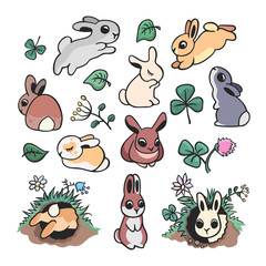 Colorful set of sixteen bright doodle elements of bunnies and plants. Vector illustration  isolated on clear background for design.
