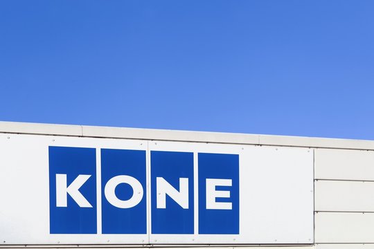Tilst, Denmark - January 17, 2016: Kone logo on a wall. Kone is an international engineering and service company and one of the largest manufacturers of elevators and escalators worldwide