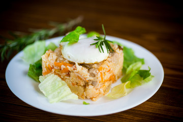 boiled rice with vegetables and fried egg with salad leaves in a plate