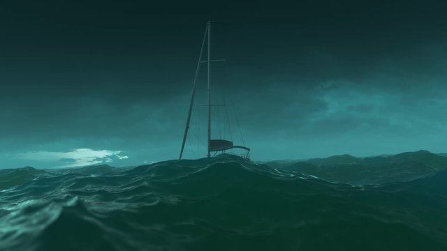 Yacht sailing in big storm waves in the middle of the ocean.