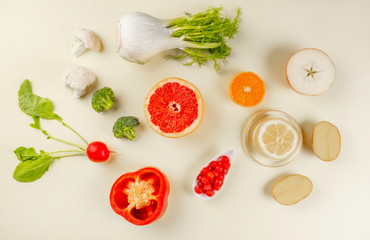 Healthy diet, fresh sources of Vitamin C in fruit and vegetables