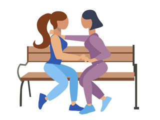 Homosexuality, lesbian. Two girls romantically sit on a bench. Flat style. Cartoon raster