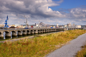 Industrial port of Bayonne seen from Anglet, a commune in the Pyrénées-Atlantiques department in the Nouvelle-Aquitaine region of southwestern 	France.