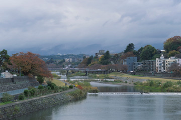Fototapeta na wymiar Urban or park background featuring Saigawa river and bridges across in residential district of Kanazawa, Japan, in cloudy autumn day in November. 