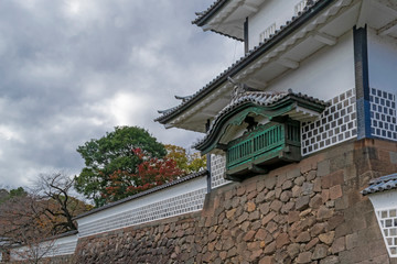 Fototapeta na wymiar November sunny day scenery of Kanazawa castle featuring details of traditional Japanese architecture. Kanazawa Japan.