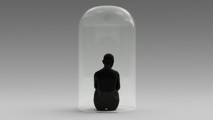Self Isolation Black Woman Sitting Down in a Giant Bell Jar 3d illustration 3d render - obrazy, fototapety, plakaty