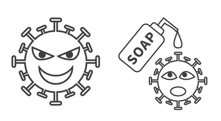 A set of illustration for an evil corona virus (left) and a corona virus scared of soap (right). Washing hands with soap can kill corona virus. Image is drawn in a flat black and white vector style.