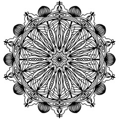 Children coloring, mandala. New Year, black and white snowflake. Cartoon raster