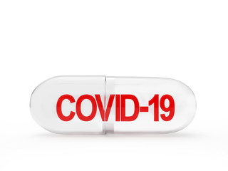 Transparent medical capsule with red Covid-19 coronavirus icon isolated on white background. 3D illustration