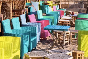 Beach cafe by the sea without people. Empty Outdoor cafe