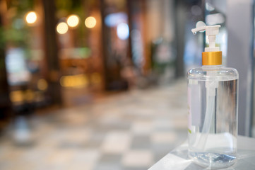 Alcohol gel or hand sanitizer pump bottle for washing hand in hospital or public area.