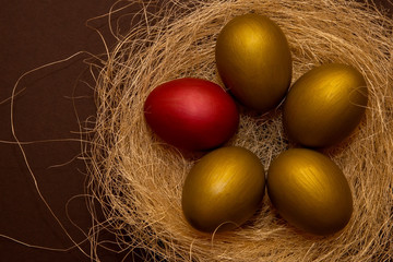 Easter golden eggs and one red egg in the decorative nest on dark brown background. Easter concept. Happy Easter greeting card.