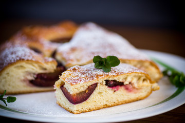 sweet baked homemade plum cake with icing sugar