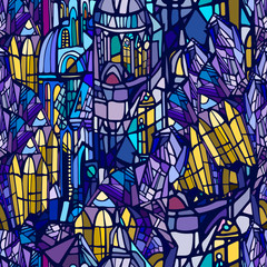 Abstract colorul illustration featuring fictional Gothic city architecture elements such as towers and stained glass windows. Hand drawn.