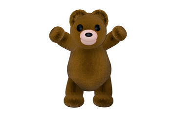 BROWN TEDDY BEAR 3D RENDERING ILLUSTRATION. Short hair bear doll standing and raise 2 hands. Cute funny animal toy character. Cheerful cartoon on isolated white background.