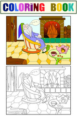Childrens coloring and color book cartoon. The interior of the house, the fairy dwarf sleeps near the fireplace.
