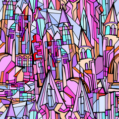 Abstract colorul illustration with stained glass sketches of fictional Gothic city. Hand drawn. 