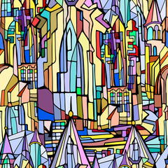 Abstract colorful illustration with fictional Gothic city with towers and stained glass windows. Hand drawn.