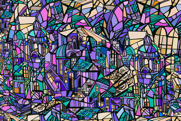Abstract colorful illustration  with abstract fantasy night Gothic city. Stained glass texture. Hand drawn.