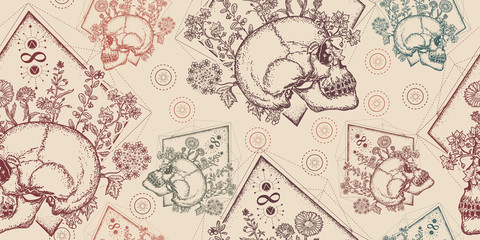 Menselijke schedel waardoor bloemen. Naadloze patroon. Oud papier inpakken, scrapbooking-stijl. Uitstekende achtergrond. Middeleeuws manuscript, gravurekunst. Symbool van leven en dood