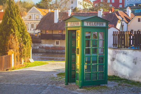 Phone Booth - Green Telephone Booth In The Old Town Near The River, Cesky Krumlov, Czech Republic