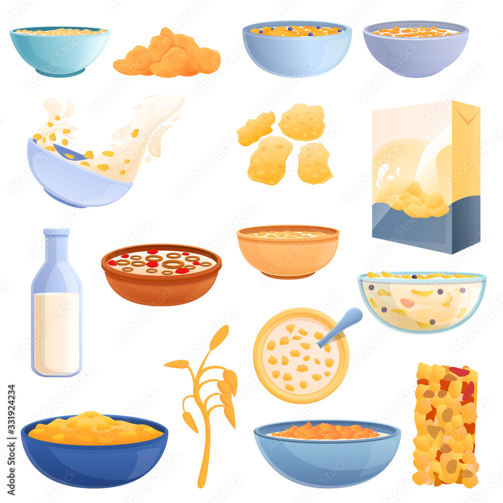 Poster cereal flakes icons set. cartoon set of cereal flakes vector icons for web design