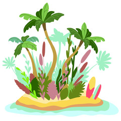 a desert island in the middle of blue sea, yellow sand, abundant vegetation and two surfboards in the sand - flat vector illustration