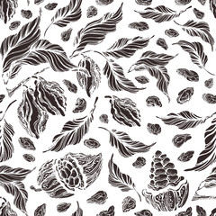 Cocoa seamless pattern. Vector engraving. Choco