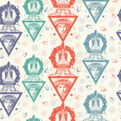 Flying-up spaceship and astronaut woman. Seamless pattern. Packing old paper, scrapbooking style. Vintage background. Medieval manuscript, engraving art. Space concept