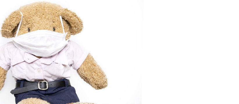 toy bears wear surgical mask for social distance away from pandemic corona virus or covid-19 during quarantine period. Health and medicine concept