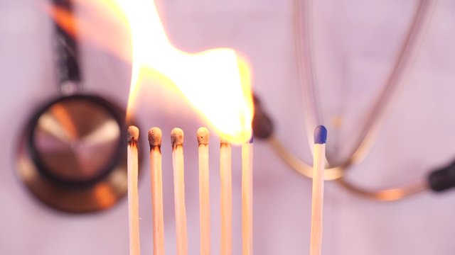 Coronavirus outbreak, social distancing concept. Spreading epidemic, domino effect, COVID-19,  isolated burning matches, stop spreading virus
