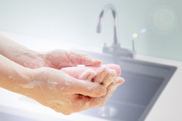 Antibacterial soap in the hands. Hand disinfection with soap. Cleanliness and hygiene in everyday life. Hand hygiene