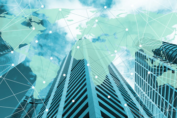 Double exposure global concept of business and technology network on city background. Element of this images furnished by NASA