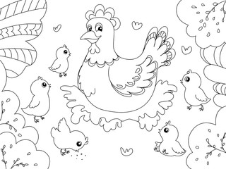 Children coloring. Hen mom with chickens. Black lines, white background. Raster