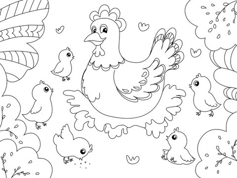 Children coloring. Hen mom with chickens. Black lines, white background. Raster