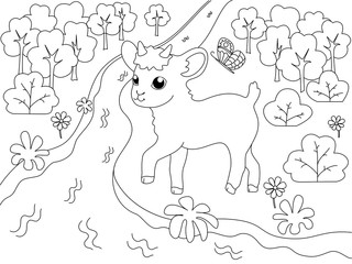 Children coloring book, farm animal. Goat on the river bank, meadow. Raster cartoon