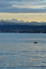 zurichsee with buoy and the alps in the evening mood