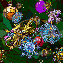 Abstract Christmas and New Year colorful illustration with fantasy snowflakes in steam-punk style on Christmas tree. Hand drawn. 