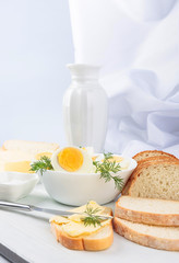 Fototapeta na wymiar Boiled eggs and bread.