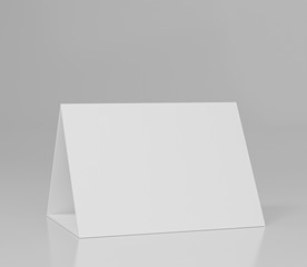 Promotional table talker isolated on white background, mockup template paper tri-fold vertical triangle cards with reflections. white sheets front &  right view. 3d render