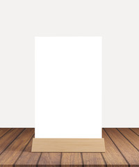 3d render Menu frame standing on plastic table isolated on wooden table white background with clipping path. space for text marketing promotion Bar restaurant ,Stand for booklet white sheets of paper.