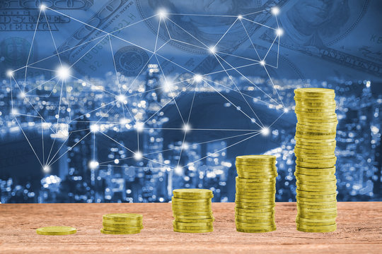 Double exposure digital networking technology on Money and financial city background. Concept of future business trend.  element of this images furnished by NASA.